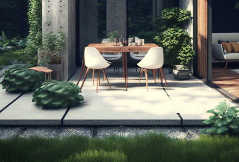 Image of a concrete patio with a modern design, featuring a geometric pattern and seating area