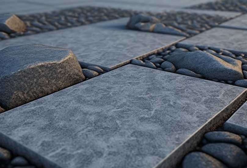 A close-up shot of a textured concrete patio with a natural stone finish